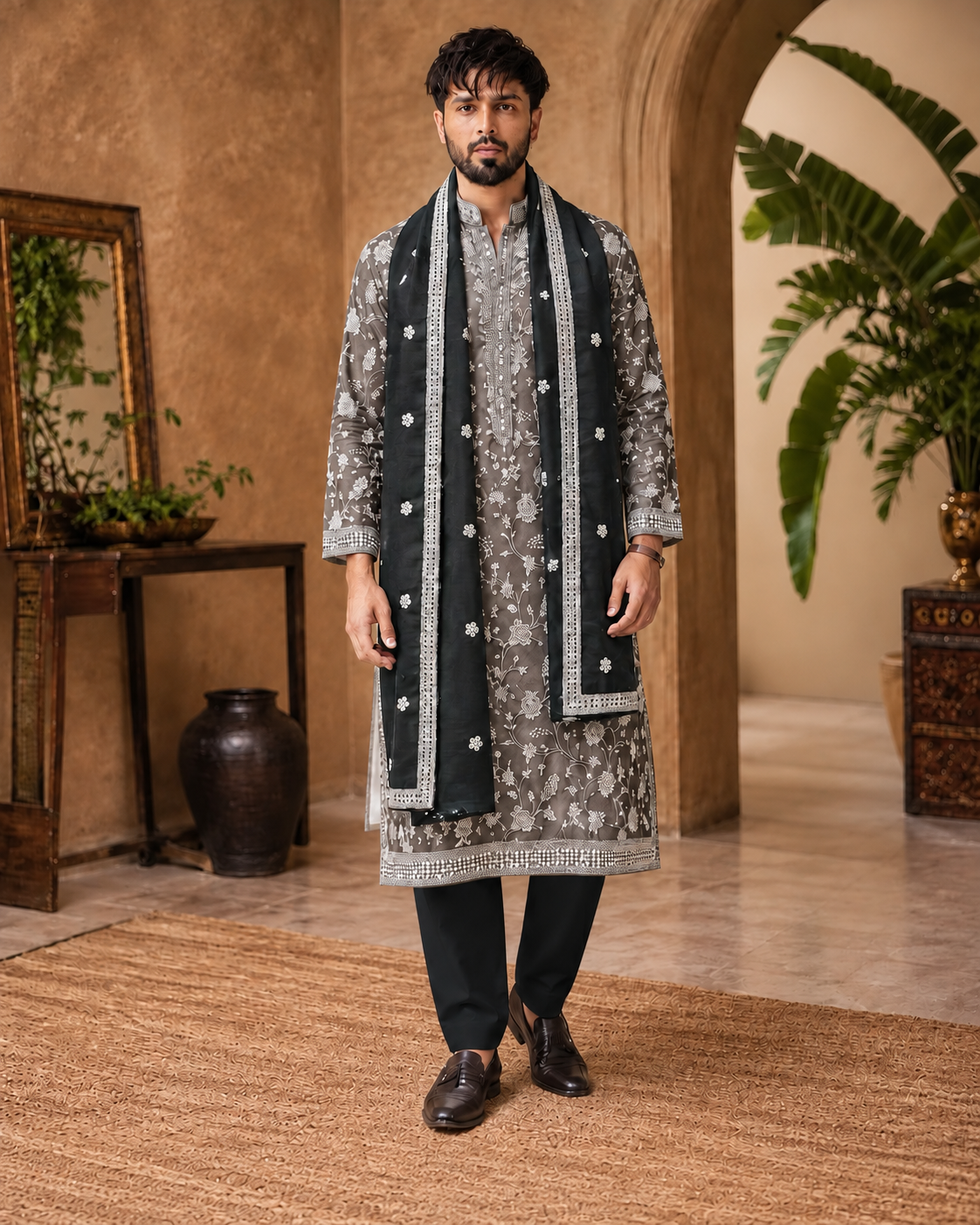 Riwaaz Gradient Black Embroidered Kurta Set
