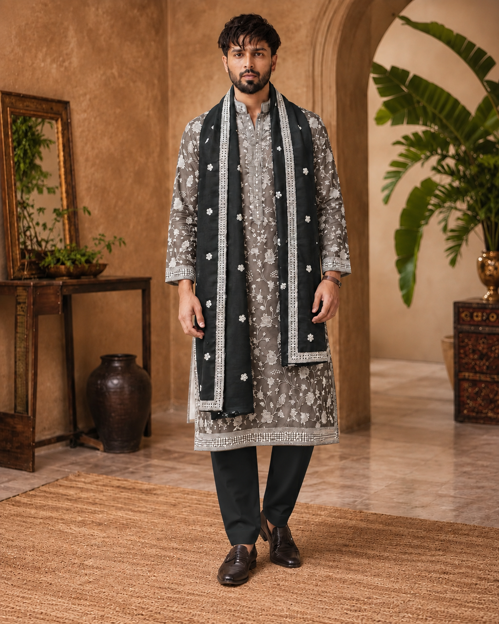 Riwaaz Gradient Black Embroidered Kurta Set